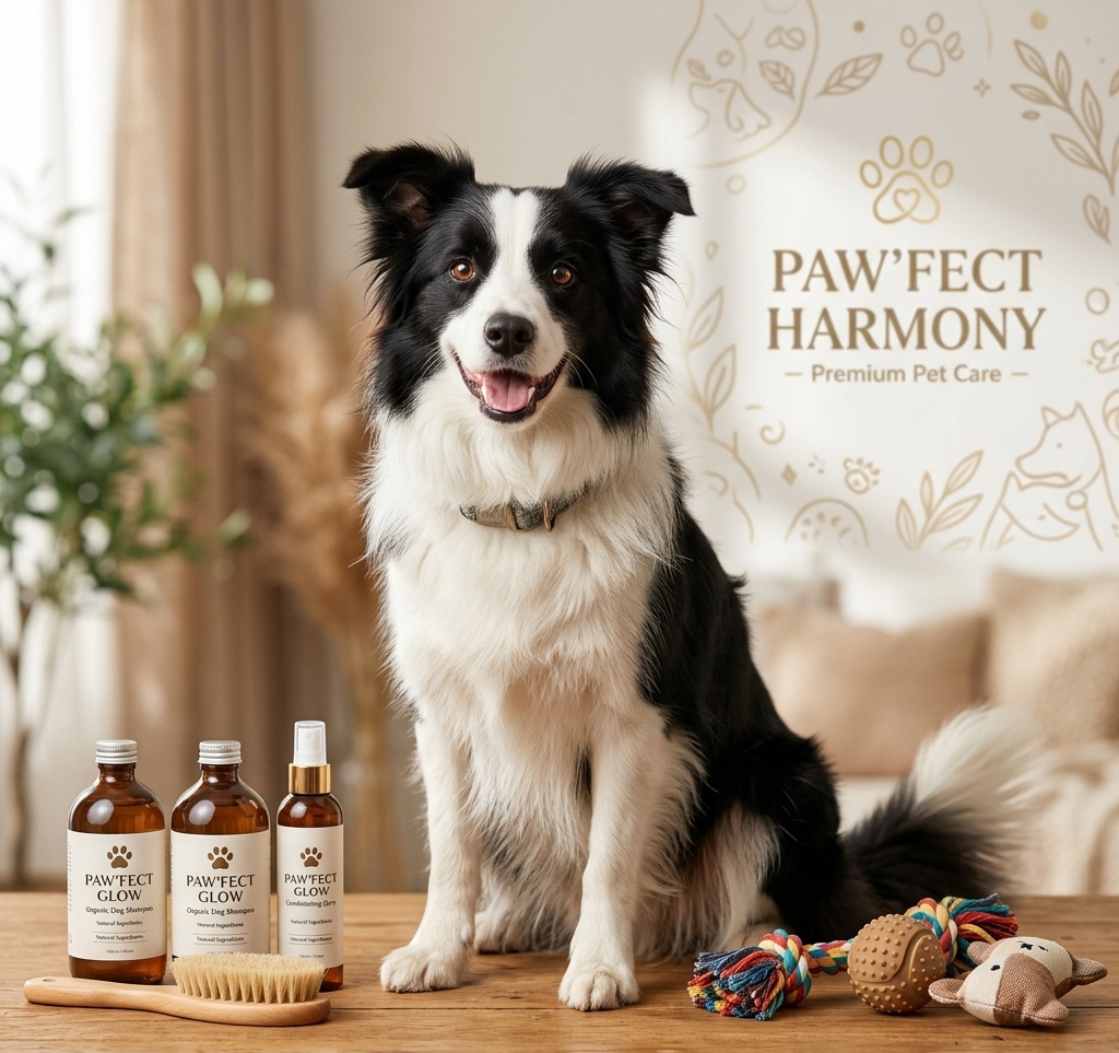 Happy dog with premium grooming supplies