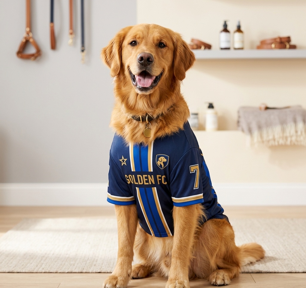 Happy dog wearing a customized sports jersey