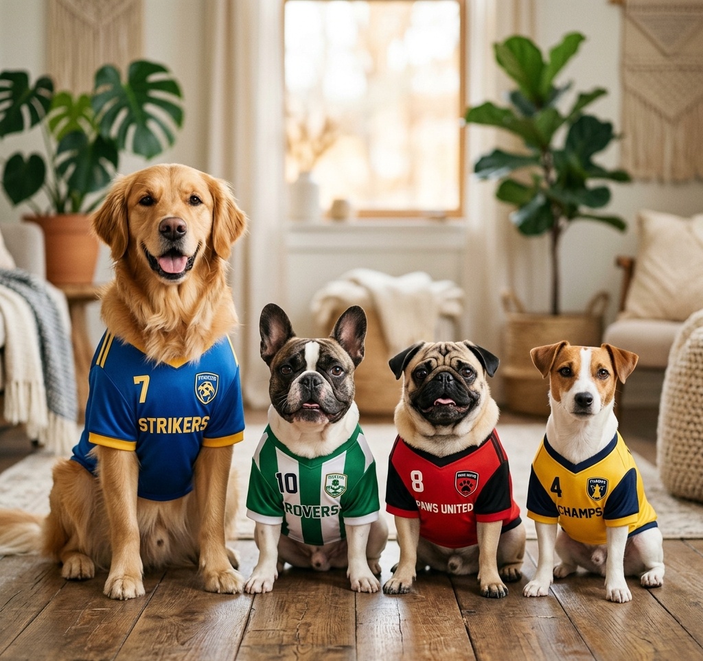 Dogs playing with toys and jerseys